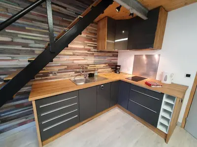Cuisine ou kitchenette dans l'établissement APPARTEMENT CENTRE VILLE AU CALME JARDIN et PARKING PUBLIC