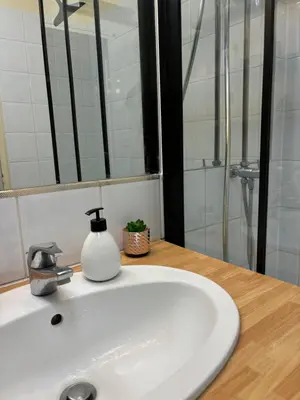Salle de bains dans l'établissement T2 avec piscine et terrasse dans résidence arborée