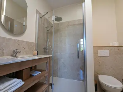 Salle de bains dans l'établissement Maison lumineuse avec cuisine équipée, 3 chambres avec SDE & WC privatifs, garage et Wifi - Jarnac - FR-1-653-246