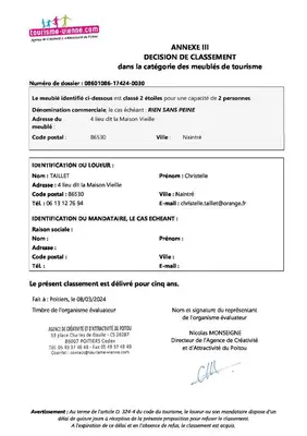 Certificat, récompense, panneau ou autre document affiché dans l'établissement GITE RIEN SANS PEINE proche FUTUROSCOPE