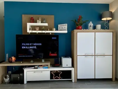 Télévision ou salle de divertissement dans l'établissement Maison chic avec Jacuzzi & Jardin Paisible