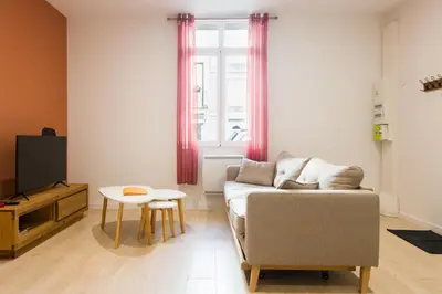 Coin salon dans l'établissement T2 moderne totalement rénové, hypercentre Rochefort, arrivée autonome