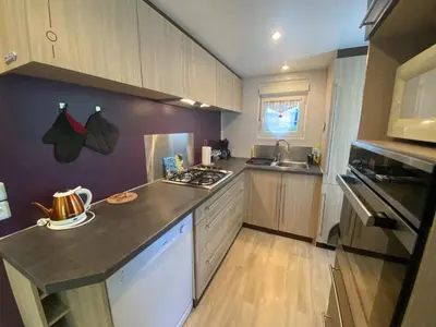 Cuisine ou kitchenette dans l'établissement Mobil-home 4 pers, climatisé, proche plage à Fouras - FR-1-709-75