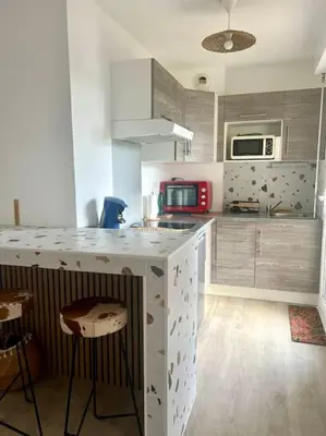 Cuisine ou kitchenette dans l'établissement T1 de standing à Port Boinot avec balcon