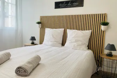 Un ou plusieurs lits dans un hébergement de l'établissement Le petit Saintonge-cour privée et climatiseur