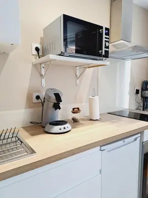 Cuisine ou kitchenette dans l'établissement La porte Bleue - appartement juste rénové - très propre - grand confort - lumineux - calme - centre historique