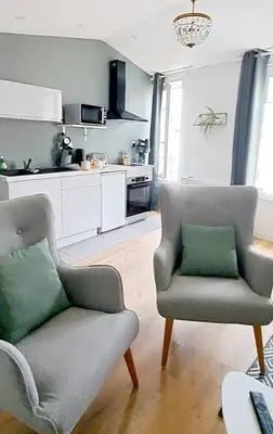 Cuisine ou kitchenette dans l'établissement La porte Bleue - appartement juste rénové - très propre - grand confort - lumineux - calme - centre historique