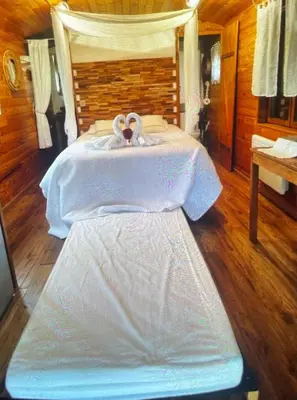Un ou plusieurs lits dans un hébergement de l'établissement Roulotte à la campagne avec son spa à Cabariot