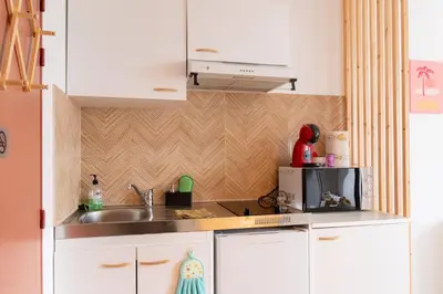 Cuisine ou kitchenette dans l'établissement appartement à côté du futuroscope,avec wifi