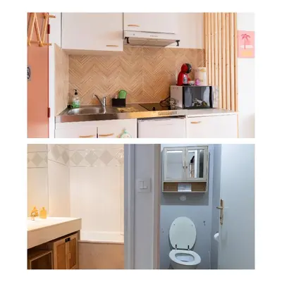 Cuisine ou kitchenette dans l'établissement appartement à côté du futuroscope,avec wifi