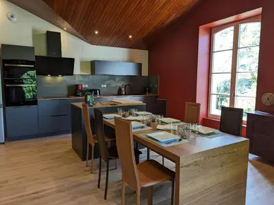 Cuisine ou kitchenette dans l'établissement Charmant gîte avec piscine chauffée et Wi-Fi en pleine nature - FR-1-653-283