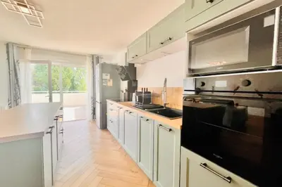 Cuisine ou kitchenette dans l'établissement T2 Terrasse Vue sur lac Plage à 10 min à pied