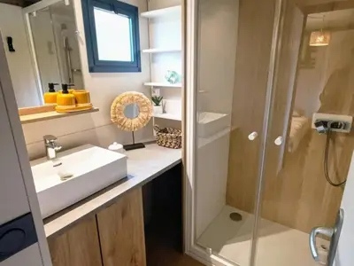 Salle de bains dans l'établissement Cabane bucolique avec wifi, animaux admis, parking - FR-1-653-287