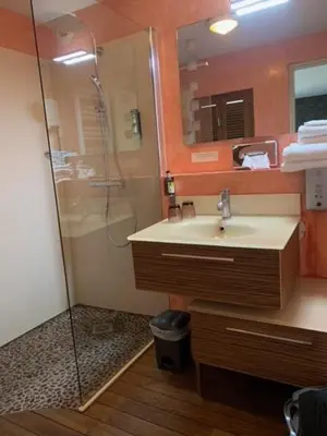 Salle de bains dans l'établissement Logis Auberge De La Riviere