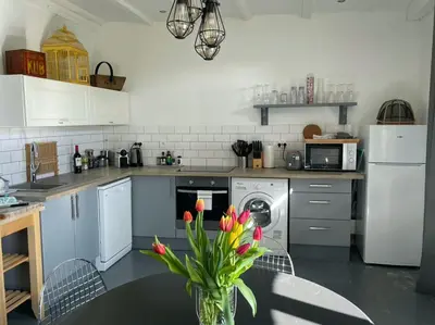 Cuisine ou kitchenette dans l'établissement Maison Hirondelles Gîtes