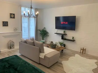 Télévision ou salle de divertissement dans l'établissement Le GREEN & PEACE Centre Historique, en face du musée du Pilori, à 2mn à pied de l'hyper centre et proche toutes commodités, WIFI-Netflix