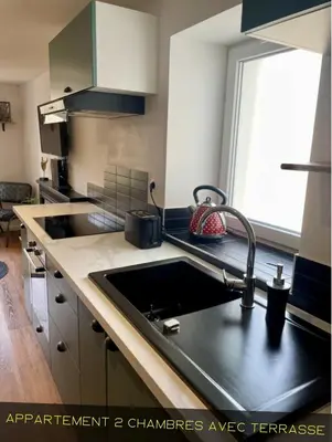 Cuisine ou kitchenette dans l'établissement Les Appartements du Pont Joubert