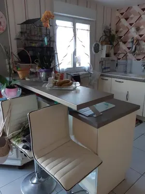 Cuisine ou kitchenette dans l'établissement Chambre lit double dans pavillon , chez Lilyanne