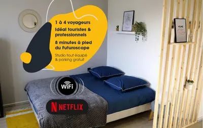 Un ou plusieurs lits dans un hébergement de l'établissement Studio 130 à 8 min à pied du Futuroscope 1 à 4 pers