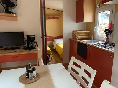 Cuisine ou kitchenette dans l'établissement Camping de la ferme au ânesses, mobil home happy