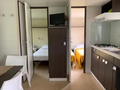 Cuisine ou kitchenette dans l'établissement Camping de la ferme aux ânesses, mobil home sofia2