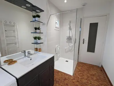 Salle de bains dans l'établissement Maison de plain-pied avec wifi et animaux acceptés, jardin et terrasse privés - FR-1-653-227
