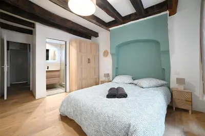 Un ou plusieurs lits dans un hébergement de l'établissement Maison avec spa dans l'hyper centre de Poitiers